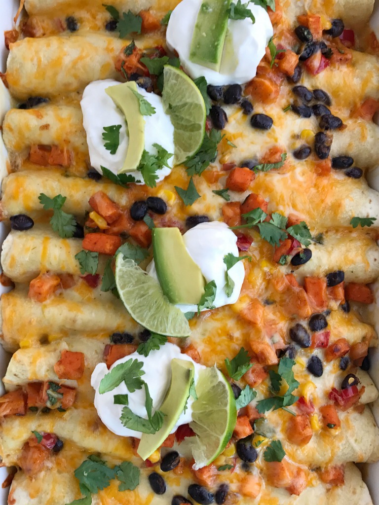 Roasted Sweet Potato & Black Bean Green Chili Enchiladas Together as