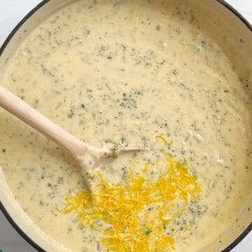 Broccoli and cheese soup made with Velveeta cheese.