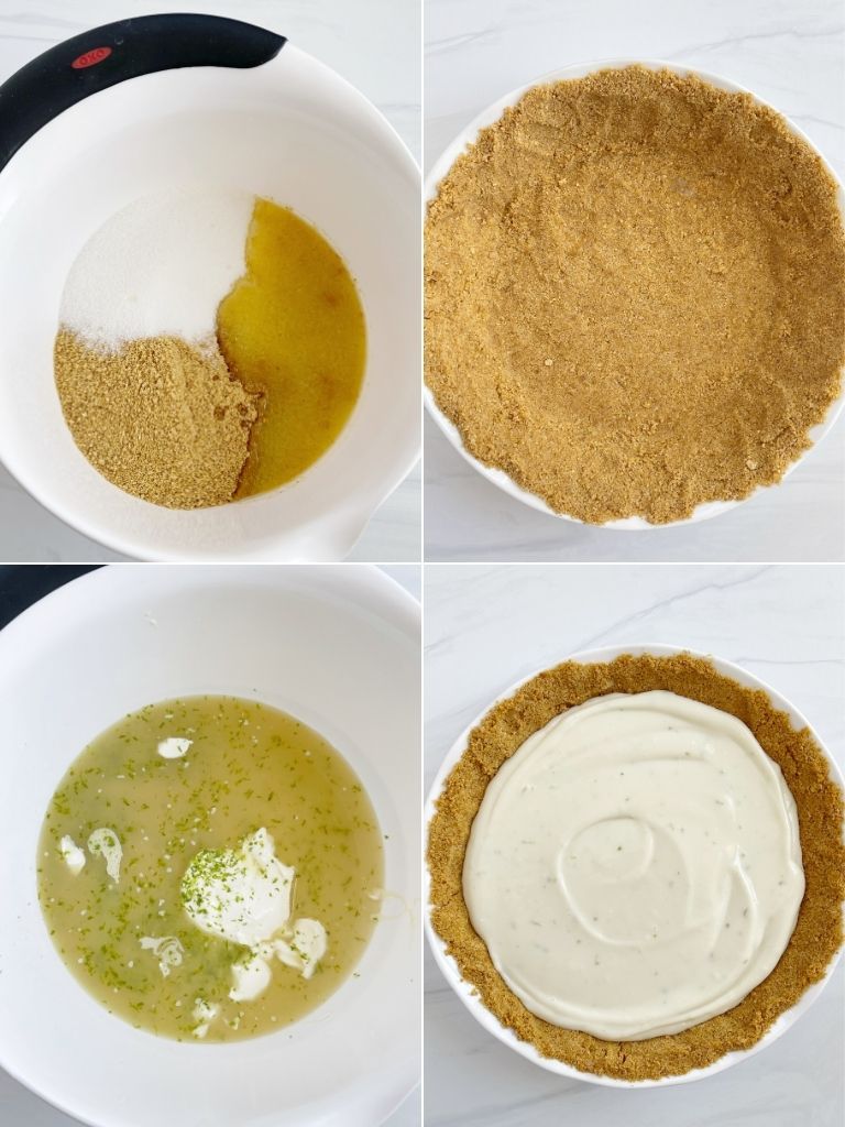 A step-by-step photo collage of how to make a key lime pie.