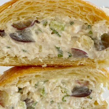 Pineapple Chicken Salad Sandwiches with chunks of chicken, crushed pineapple, grapes, green onions, almonds, and celery in a deliciously creamy dressing! We love this chicken salad with croissants.