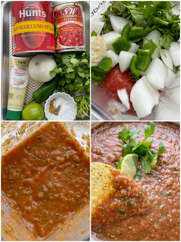 Homemade Salsa with canned whole tomatoes, stewed tomatoes, onion, garlic, jalapeno, cilantro, and seasonings. So simple to make, inexpensive, and it tastes better than anything you'll get at the restaurant or buy in the store. Mild enough for kids but can easily be made spicy!