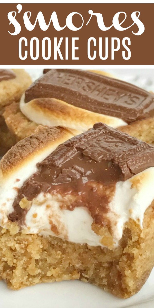 S'mores Cookie Cups | S'mores | S'mores cookie cups are baked in a mini muffin pan. Graham cracker cookie base, with a toasted marshmallow, and a piece of gooey chocolate on top! Now you can enjoy campfire toasty s'more all year round for dessert. #smores #summerrecipes #dessert #dessertrecipe #recipeoftheday #smorescookie