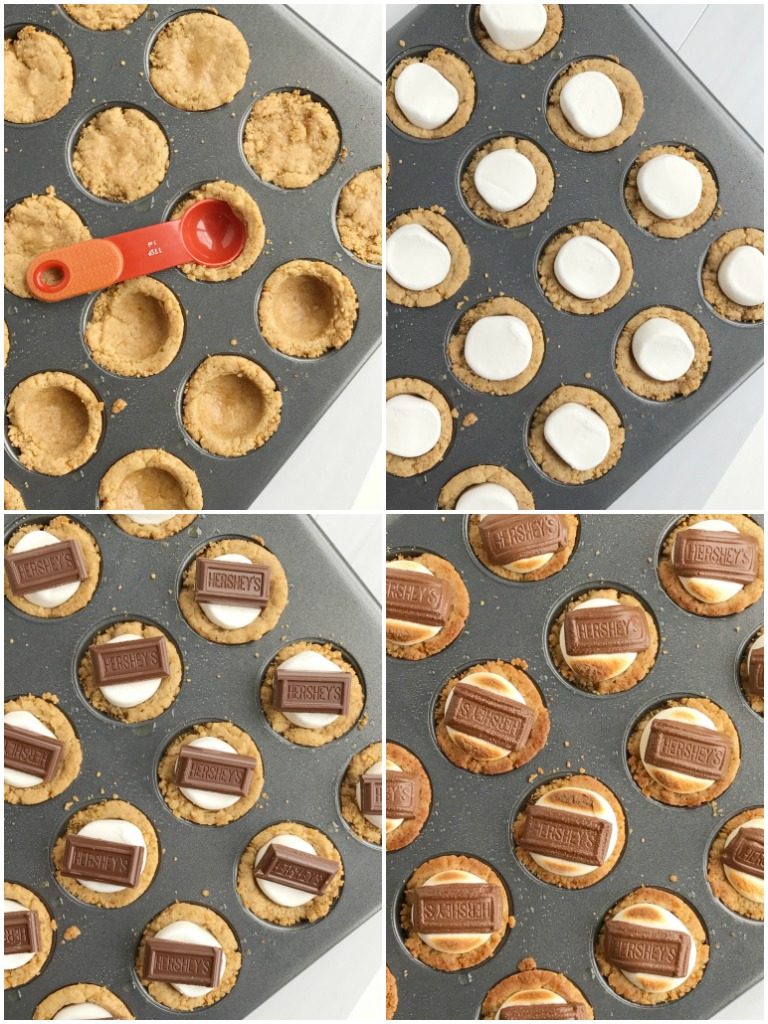 S'mores cookie cups are baked in a mini muffin pan. Graham cracker cookie base, with a toasted marshmallow, and a piece of gooey chocolate on top! Now you can enjoy campfire toasty s'more all year round for dessert. 
