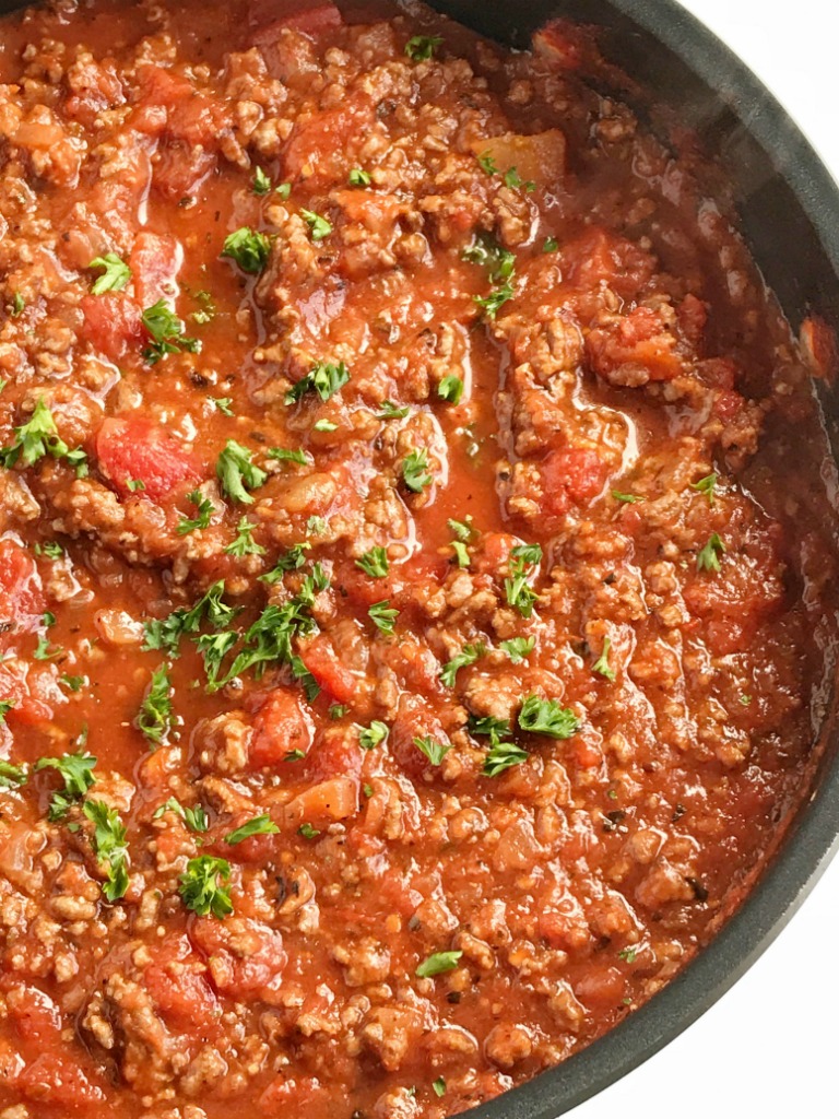 Ditch the canned spaghetti sauce for this flavorful, beefy, homemade spaghetti meat sauce. Only takes a few minutes  to prepare and then let it simmer for amazing flavor. Serve over pasta noodles with some garlic bread for a delicious dinner that will please everyone.