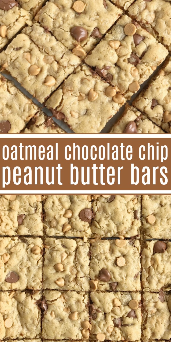 Oatmeal Chocolate Chip Peanut Butter Bars | Oatmeal chocolate chip peanut butter bars are a family favorite dessert that everyone loves. Soft cookie bars loaded with oatmeal, peanut butter, peanut butter chips, and chocolate chips. Everyone loves these soft-baked cookies bars. #easydessertrecipes #dessert #peanutbutter #chocolate