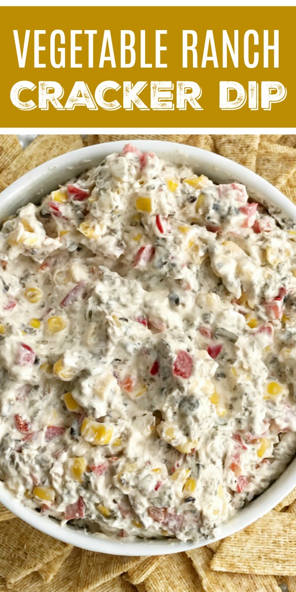 Vegetable Ranch Dip | Dip Recipe | Vegetable ranch cracker dip is filled with corn, olives, red pepper, cream cheese, and ranch seasoning mix! So creamy, easy to make, and packed with flavor. Great for a bbq, party, or appetizer. #appetizer #diprecipes #ranch #footballfood #superbowlrecipes #easyrecipe #recipeoftheday