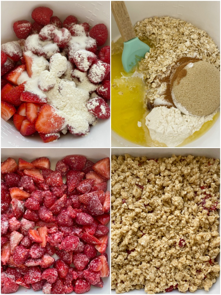 Strawberry Raspberry Crumble with juicy sweet fresh berries & topped with a sweet brown sugar oat buttery crumble. Serve with vanilla ice cream.