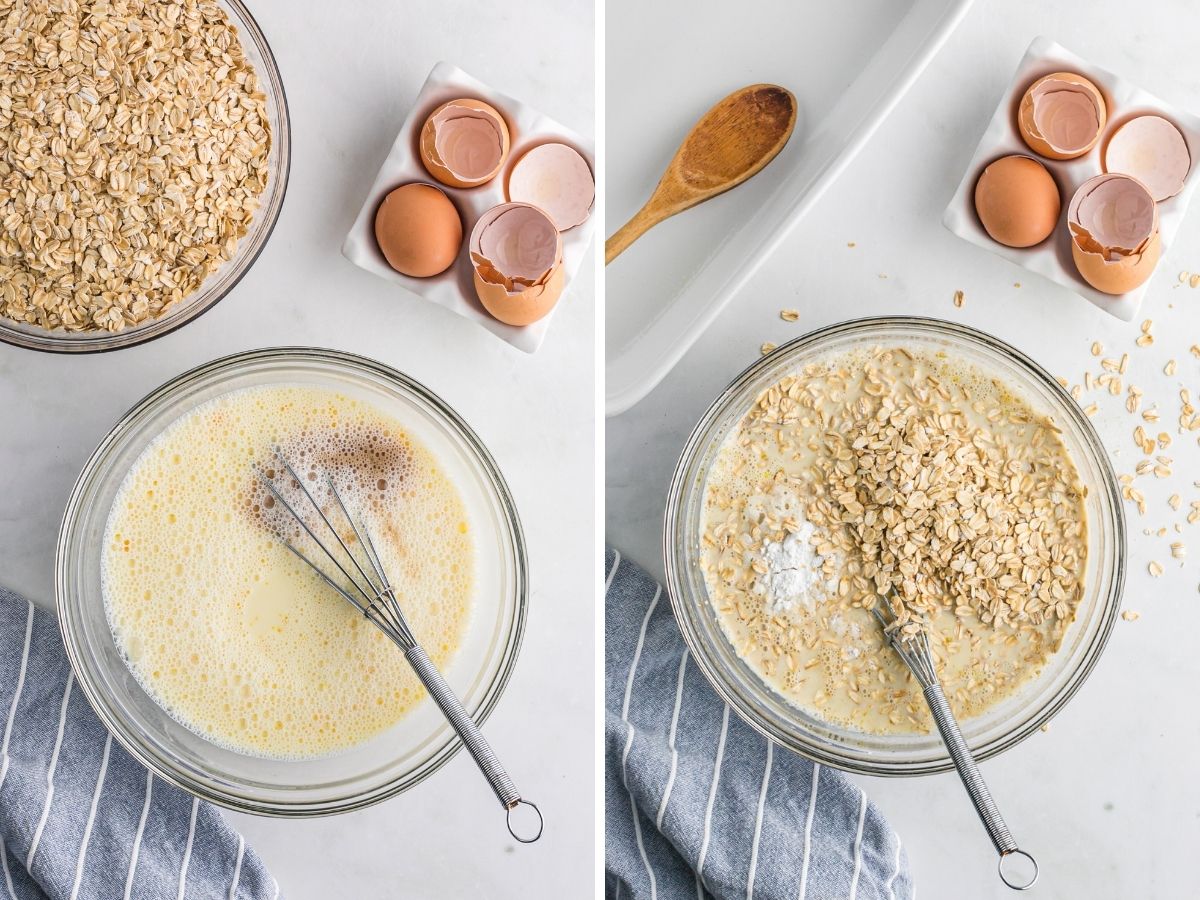 Step by step pictures showing how to make baked oatmeal with a mixing bowl and the ingredients shown.
