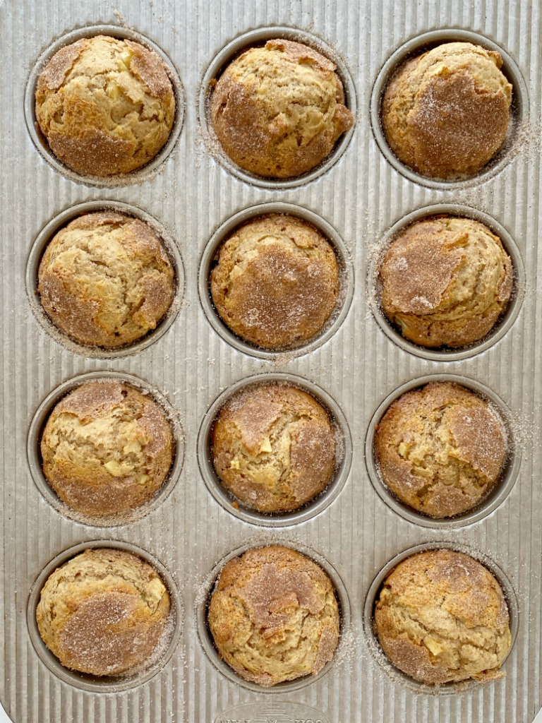Apple Muffins with apple cider, applesauce, warm spices, and chunks of apple! They bake up so soft, perfectly rounded, and have a crunchy cinnamon & sugar topping. These are a Fall must make for my family. 