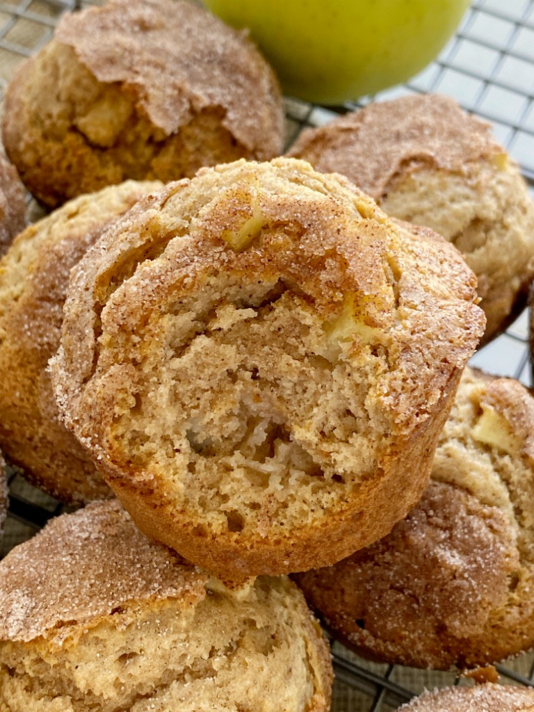 Apple Muffins with apple cider, applesauce, warm spices, and chunks of apple! They bake up so soft, perfectly rounded, and have a crunchy cinnamon & sugar topping. These are a Fall must make for my family. 