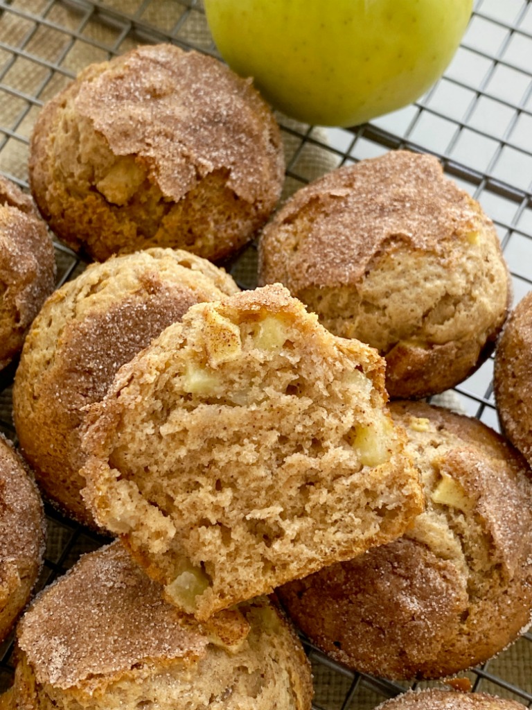 Apple Muffins with apple cider, applesauce, warm spices, and chunks of apple! They bake up so soft, perfectly rounded, and have a crunchy cinnamon & sugar topping. These are a Fall must make for my family. 