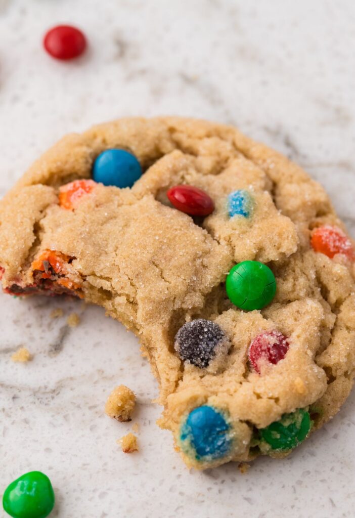 One cookie, close up picture, with a bite taken out of the cookie to show the texture. 