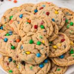 hero shot of the peanut butter cookies with mini peanut butter m&m candies.