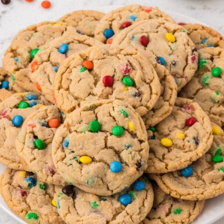 hero shot of the peanut butter cookies with mini peanut butter m&m candies.