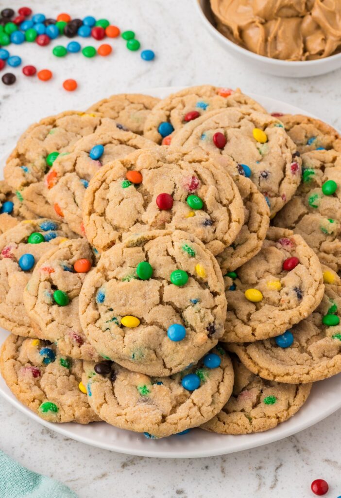 hero shot of the peanut butter cookies with mini peanut butter m&m candies. 