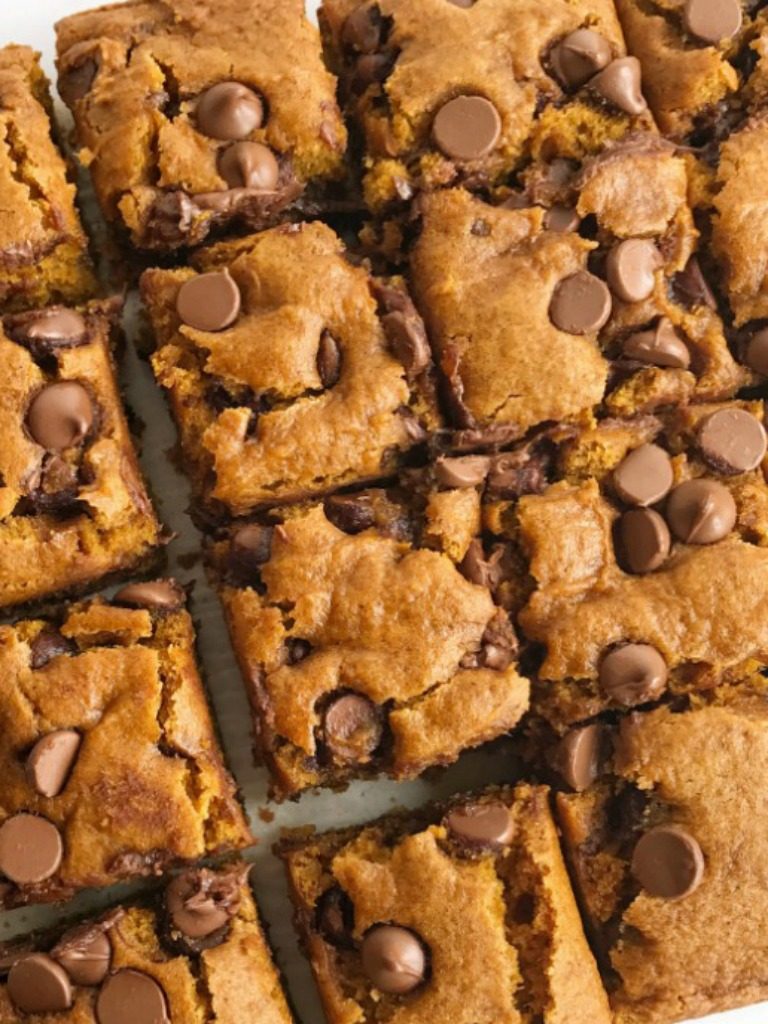 Pumpkin chocolate chip bars are the best Fall dessert and treat! Like a pumpkin muffin but more dense, cake-like, super soft, and loaded with milk chocolate chips. These are my kids' most requested Fall pumpkin treat. They are heavenly snack cake bars that are even better the next day.