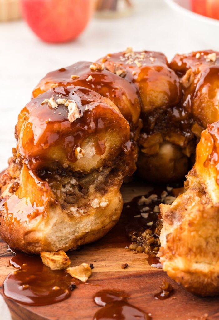 Inside of the monkey bread showing the layers of apple and butterscotch pudding. 