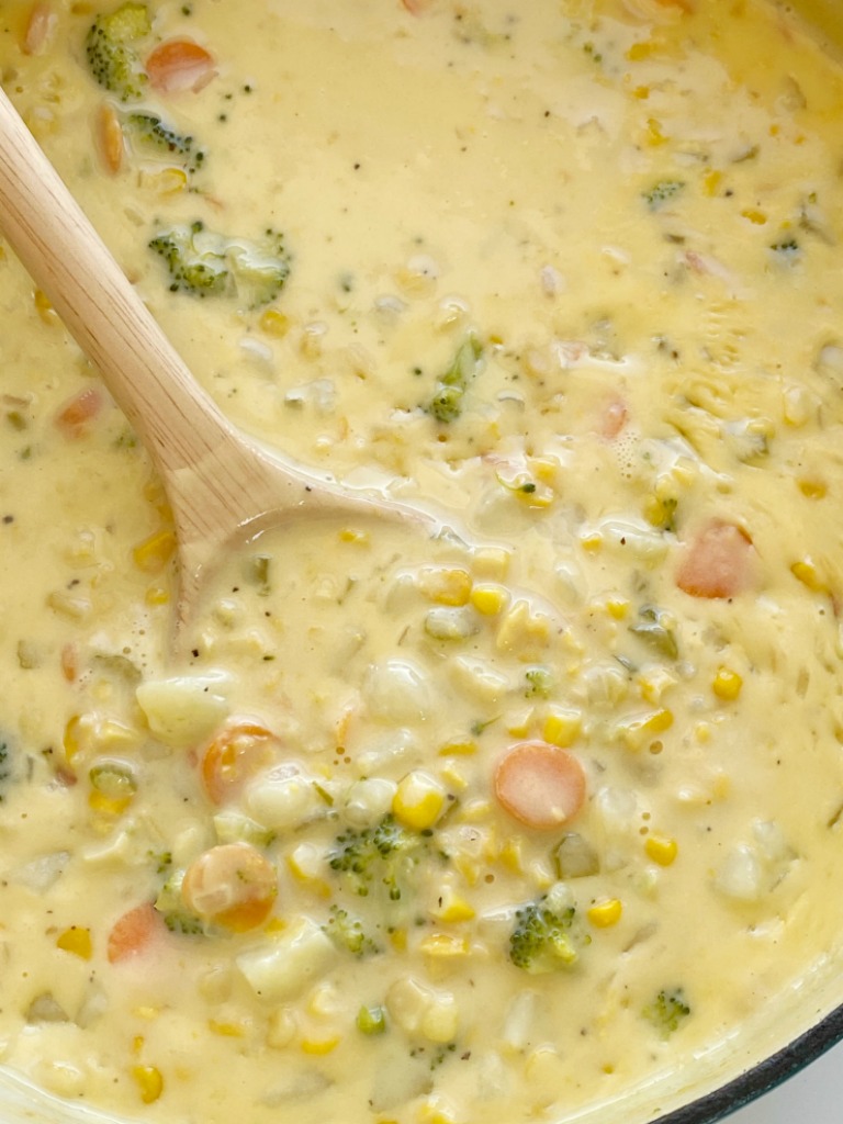 Vegetable Chowder is so cheesy and full of fresh veggies like broccoli, carrots, celery, potatoes, and corn! Even kids will eat this veggie-packed chowder recipe. 