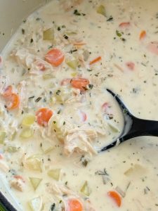 Chicken Soup with cream cheese, chunks of chicken, carrots, and potatoes in a creamy and flavorful chicken broth base. One pot and about 30 minutes is all you need for this cream chicken soup.