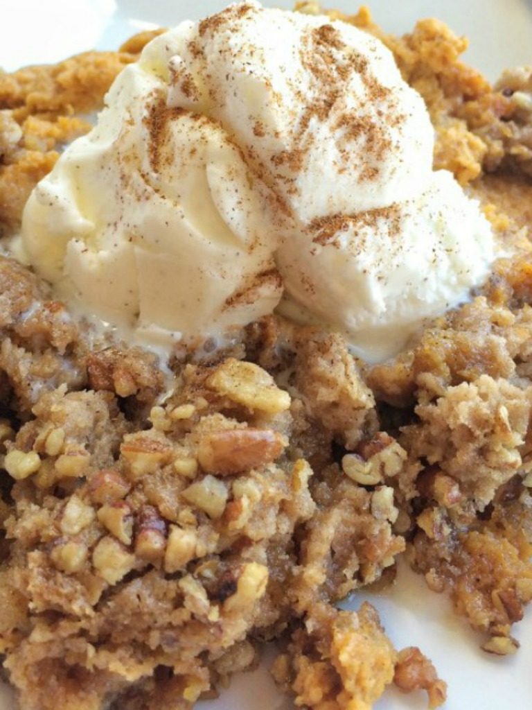 This pumpkin pie pecan cobbler only takes minutes to prepare. A creamy pumpkin pie layer with a sweet spiced pecan crumble topping. Top with a scoop of ice cream for the perfect fall dessert.