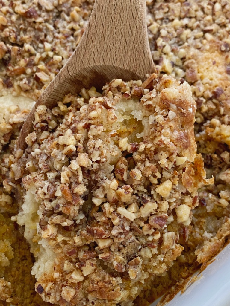 Pumpkin Pie Pecan Cobbler has a creamy pumpkin pie layer topped with a sweet spiced pecan crumble topping. Serve with a scoop of vanilla ice cream for the best pumpkin cobbler recipe that's perfect for Fall.