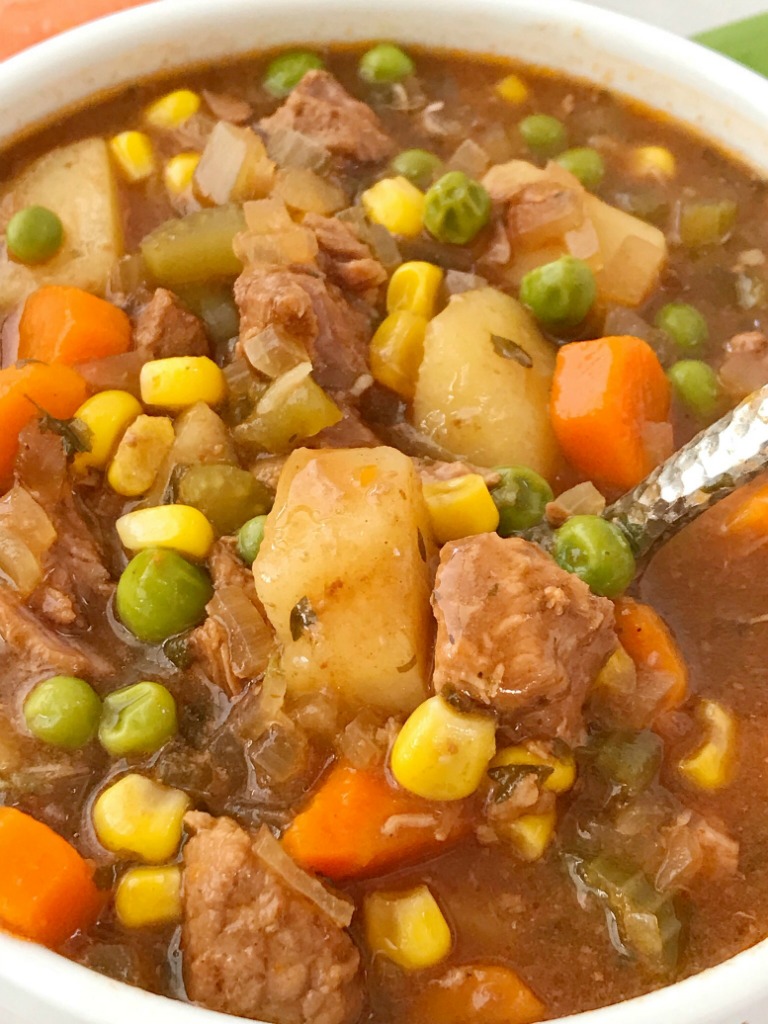 Slow Cooker Beef Stew | Beef Stew Recipe | Slow cooker beef stew is loaded with tender beef chunks, vegetables, and potatoes that cook in a flavorful tomato beef broth. This beef stew recipe is the ultimate comfort food that will warm you right up. #beefstewrecipe #crockpot #slowcooker #beef #stew