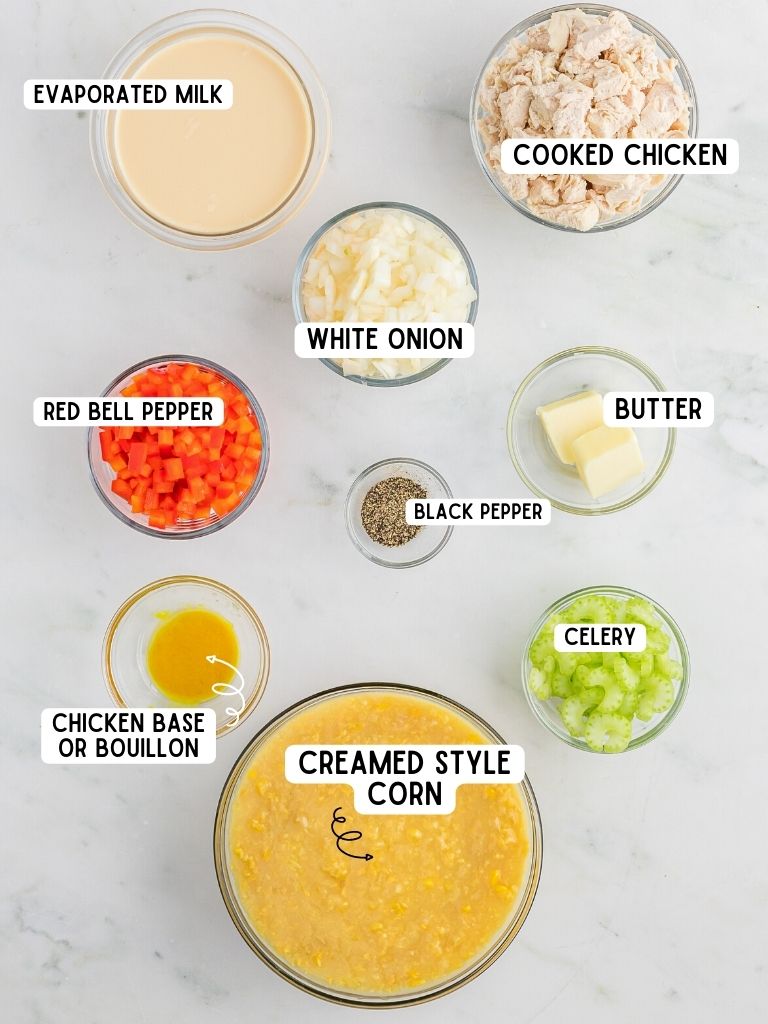 Ingredients for this chowder recipe on a white background with each one labeled in black text with what it is.