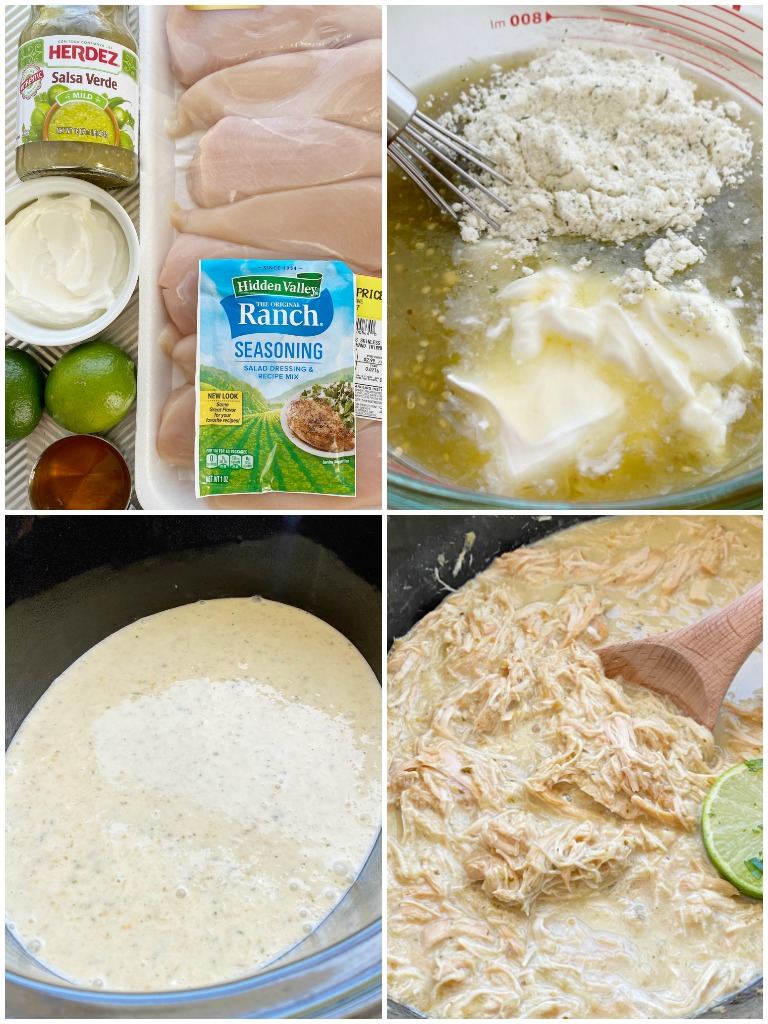 Honey Lime Salsa Verde Chicken Tacos cook in the slow cooker with only 6 ingredients! Fresh lime, salsa verde, honey, sour cream, and ranch seasoning make the best chicken tacos ever.