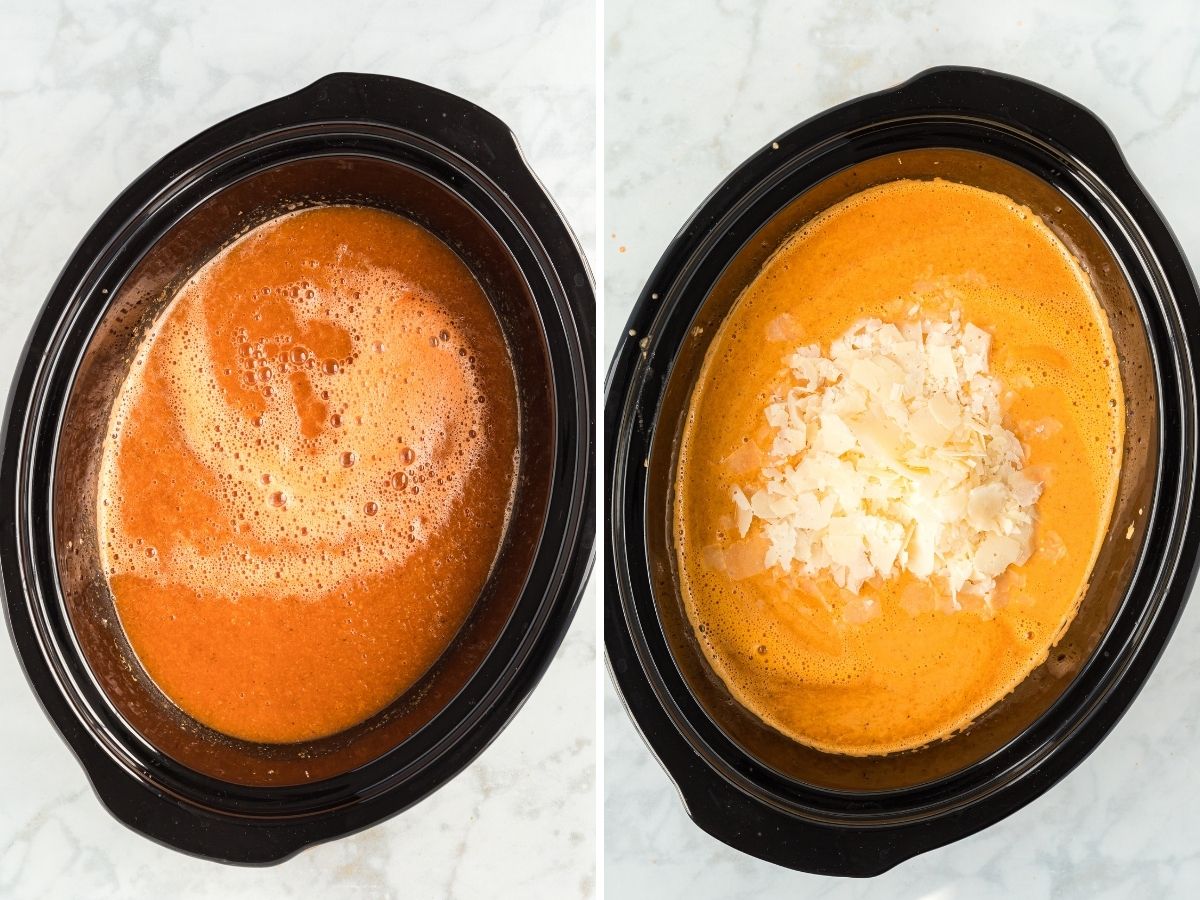 Tomato soup inside a slow cooker with parmesan cheese on top.