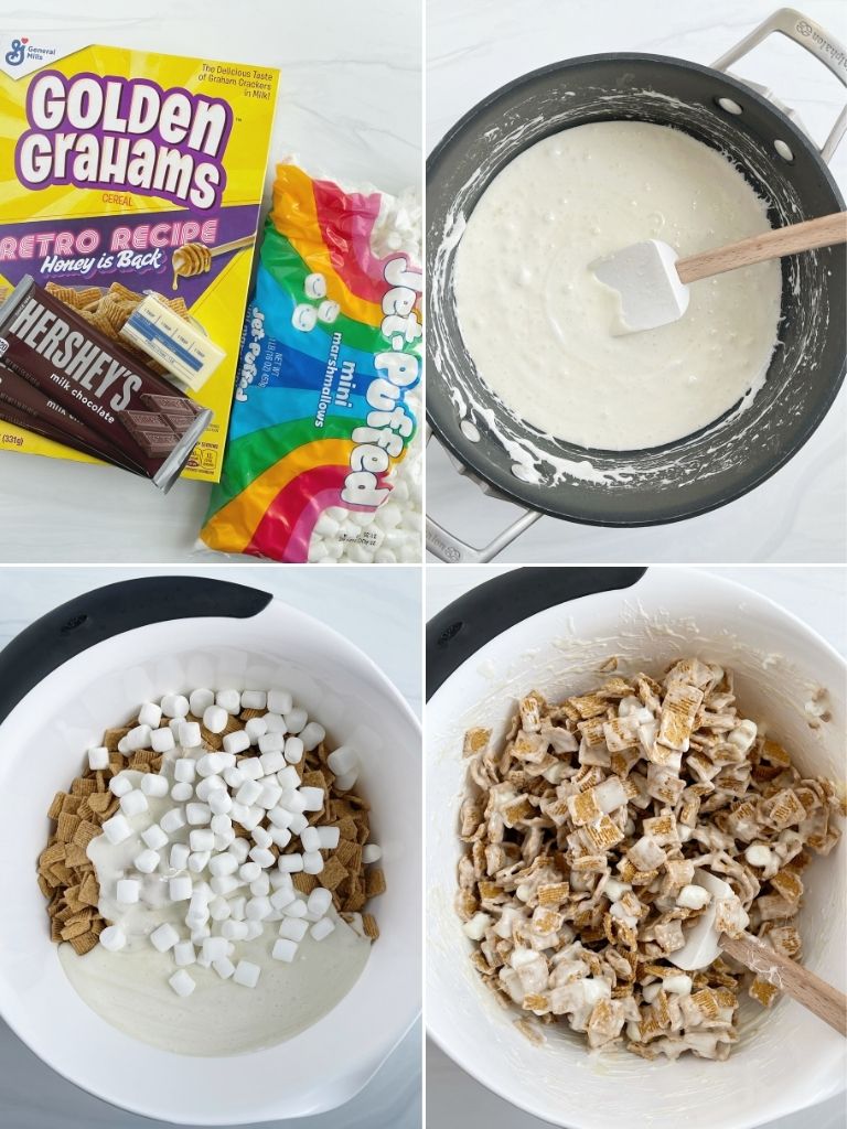 How to make s'mores Krispie treats with step-by-step picture instructions.