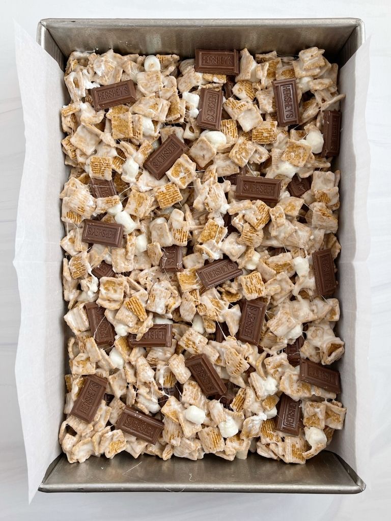 A pan of no bake s'mores Krispie treat bars