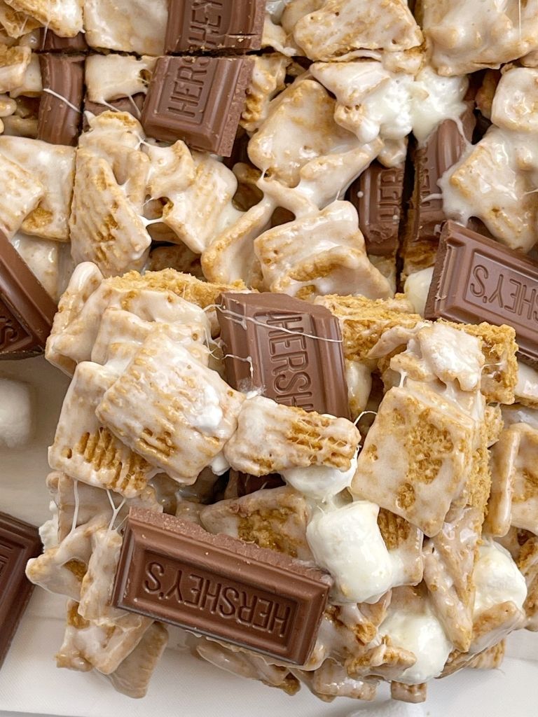 Smores Treat bars with Golden Grahams, chocolate, and marshmallows. 