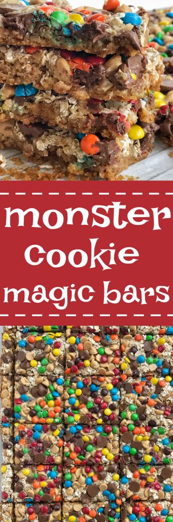 All the classic flavors you love in a monster cookie but in a magic cookie bar! These monster cookie magic bars have a salty sweet graham cracker crust and then loaded with oats, peanut butter chips, chocolate chips, m&m's and drizzled in sweetened condensed milk.