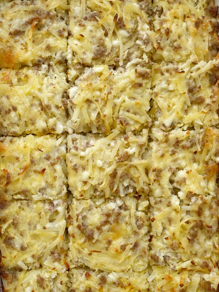 Breakfast Sausage Casserole is all your favorite breakfasts in one casserole! Shredded hash browns, fluffy eggs, cheese, and crumbled sausage. Serve as is or use it as filling for breakfast burritos topped with salsa and, sour cream, and cheese.