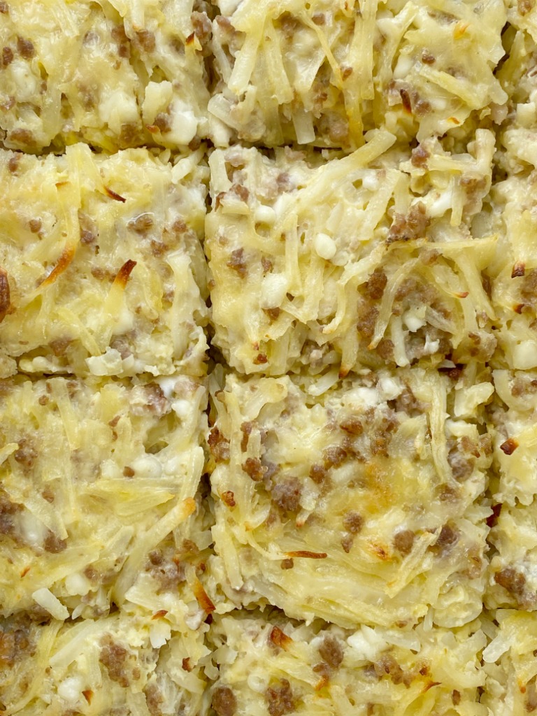 Breakfast Sausage Casserole is all your favorite breakfasts in one casserole! Shredded hash browns, fluffy eggs, cheese, and crumbled sausage. Serve as is or use it as filling for breakfast burritos topped with salsa and, sour cream, and cheese.