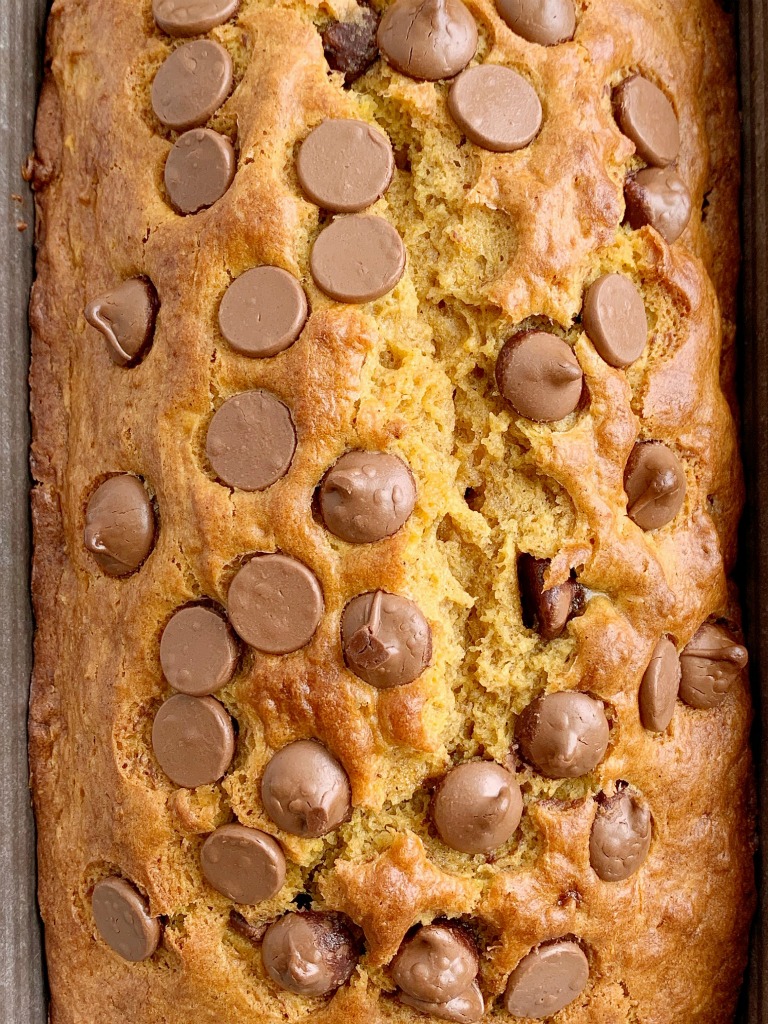 Banana Pumpkin Chocolate Chip Bread | Pumpkin Bread | Banana Bread | Banana Pumpkin Bread is a must-make quick bread recipe! Sweet bananas, pure pumpkin, and chocolate chips combine to make the best, most moist, pumpkin bread ever. It bakes up to perfection and is a yummy fall recipe. #pumpkinrecipes #pumpkinbread #fallbaking #quickbread #bananabread #pumpkin