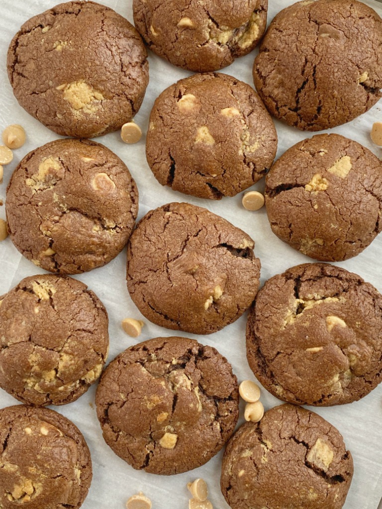 Chocolate cookie recipe with Reese's peanut butter cups and peanut butter chips. 