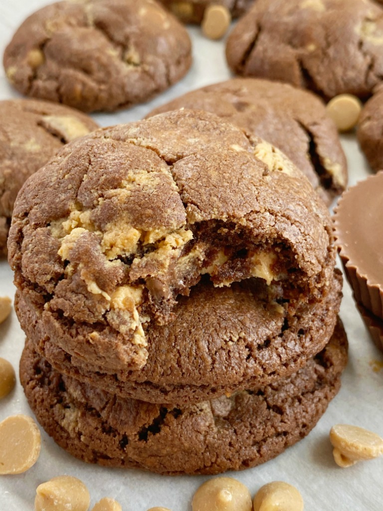 Chocolate cookies stuffed with Reese's peanut butter cups and peanut butter chips. 