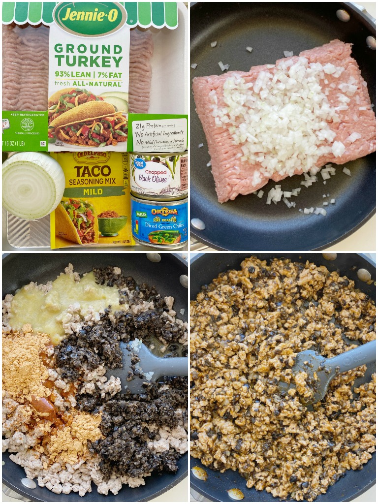 Green Chili Turkey Tacos with ground turkey, chopped onion, green chilies, black olives, and taco seasoning! A flavor explosion twist to traditional tacos. Top with lots of cheese and all your favorite taco toppings. 