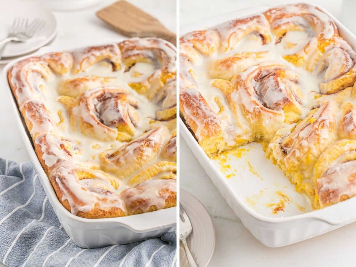 Showing how to make this cinnamon roll recipe with two pictures of the steps needed. Baked cinnamon rolls inside a white baking dish. 