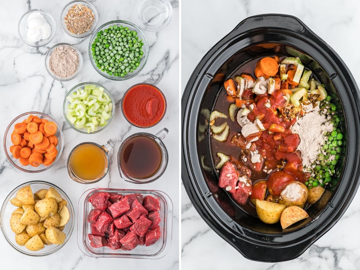 How to make stew in the slow cooker with ingredient picture and ingredients inside a slow cooker.