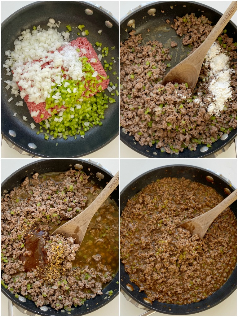 Philly Cheesesteak Sloppy Joes are a 30 minute dinner recipe. Ground beef simmers in one pan with onion, green pepper, beef broth, A-1 sauce, and steak seasoning. Serve on toasted buns with sliced provolone cheese.