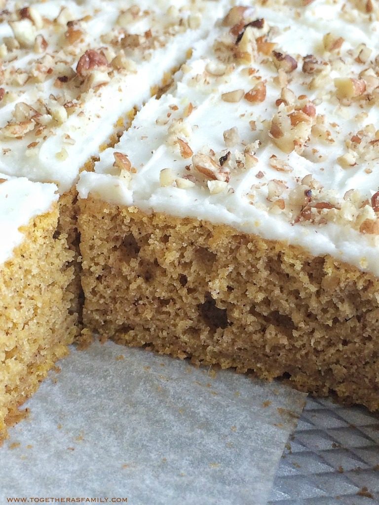 Pumpkin Spice Sheet Cake is full of pumpkin and warm fall spices. Soft, moist, and topped with the best cream cheese frosting and sprinkled with chopped pecans. Perfect dessert for Thanksgiving or anytime in the Fall.