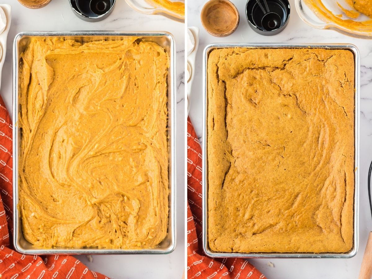 Raw pumpkin batter on one pan and the other picture shows it after it has cooked in the pan.