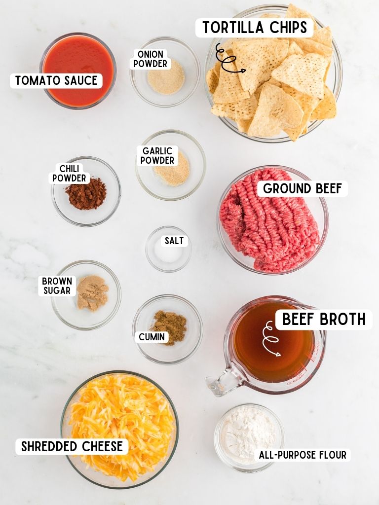 Ingredients on a white background with each one labeled in text letters with what it is. 