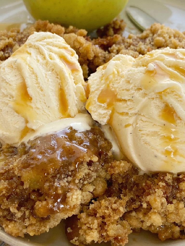 Apple Cider Pudding Cake is a soft & fluffy apple spiced cake that creates it's own apple cider caramel syrup as it bakes! Topped with a brown sugar streusel for crunch and then served with vanilla ice cream. 