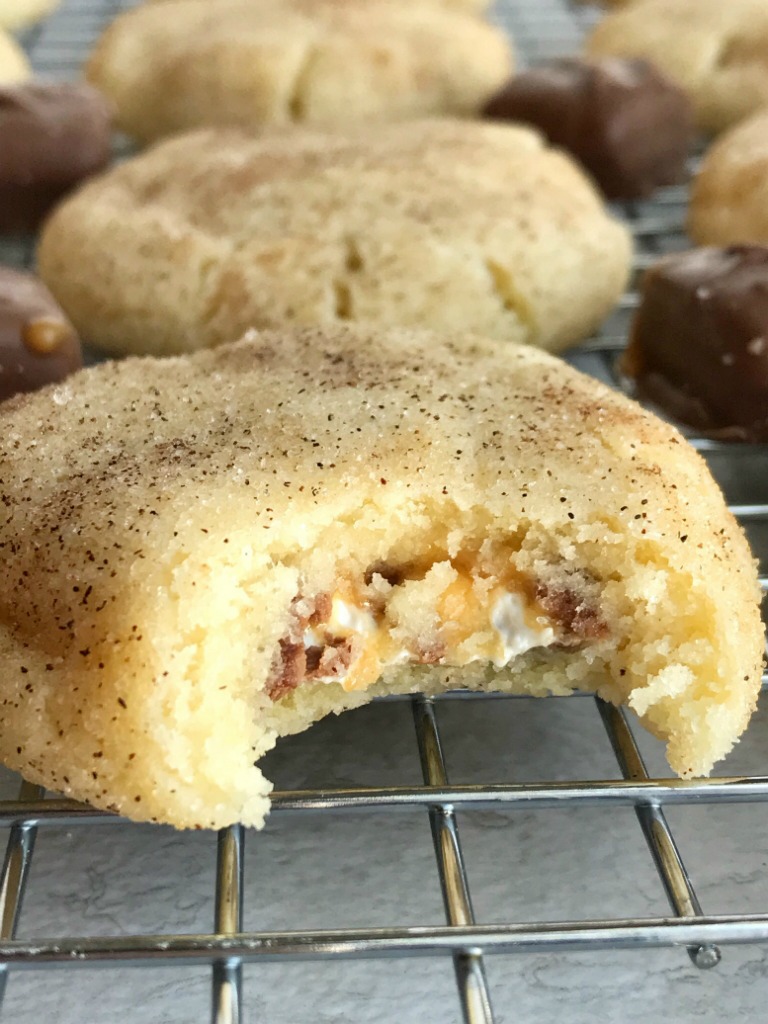 Caramel Apple Snickerdoodles | Snickerdoodle Cookies | Cookie Recipes | These caramel apple snickerdoodles are so soft, thick, & chewy and stuffed with a Caramel Apple Milky Way inside! Everyone's favorite cookie with a caramel apple twist. #cookies #dessertrecipe #easyrecipe #caramelapple