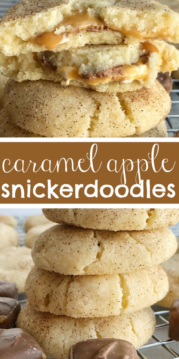 Caramel Apple Snickerdoodles | Snickerdoodle Cookies | Cookie Recipes | These caramel apple snickerdoodles are so soft, thick, & chewy and stuffed with a Caramel Apple Milky Way inside! Everyone's favorite cookie with a caramel apple twist. #cookies #dessertrecipe #easyrecipe #caramelapple