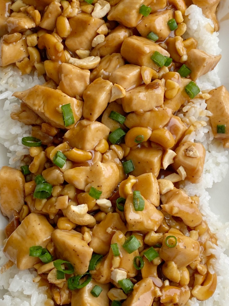 Cashew Chicken is made in a skillet on the stove top! Tender, flavorful chicken in an easy homemade sauce and loaded with cashews. This easy, one pot dinner recipe can be ready in just 30 minutes.