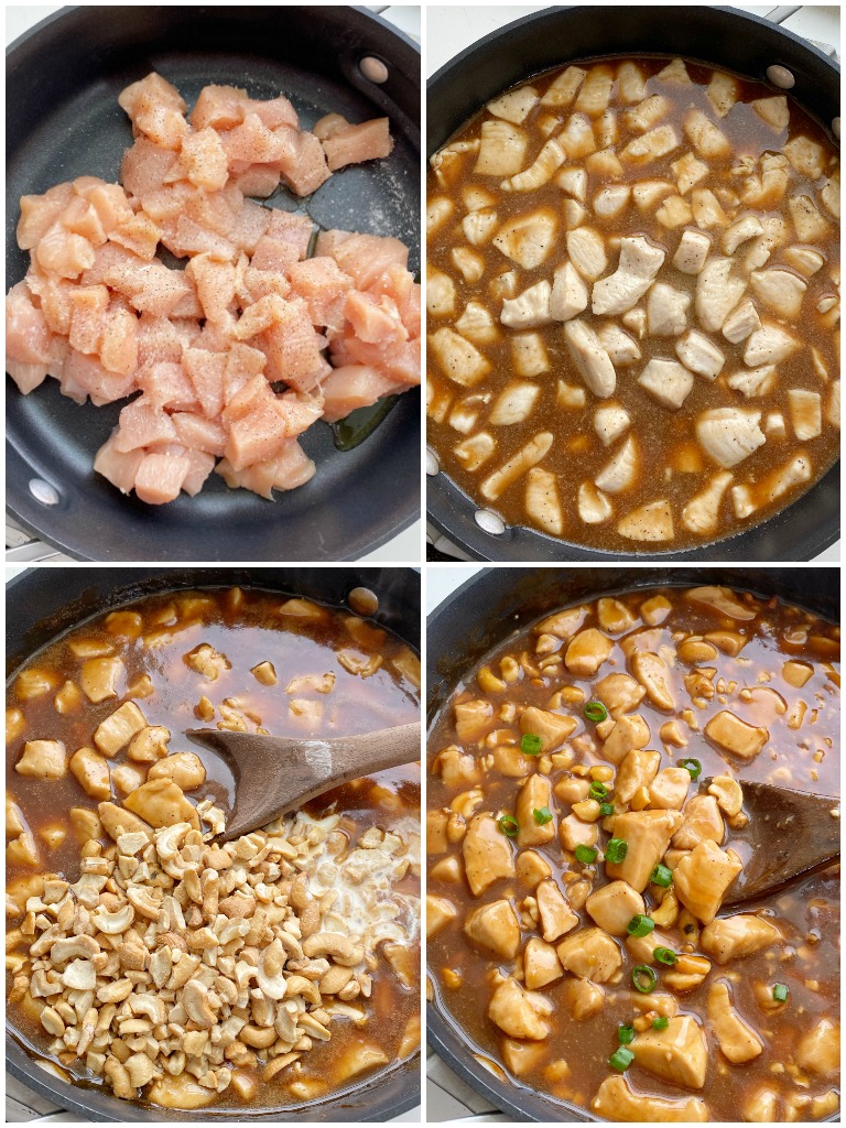 Cashew Chicken is made in a skillet on the stove top! Tender, flavorful chicken in an easy homemade sauce and loaded with cashews. This easy, one pot dinner recipe can be ready in just 30 minutes.